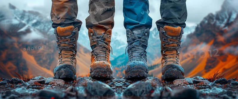Two hikers standing side by side on a rocky mountain trail, AI generated