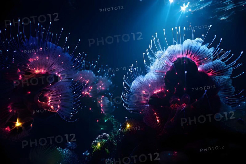 Bristle worms bioluminescent bodies floating in deep ocean, AI generated, deep sea, fish, squid, bioluminescent, glowing, light, water, ocean