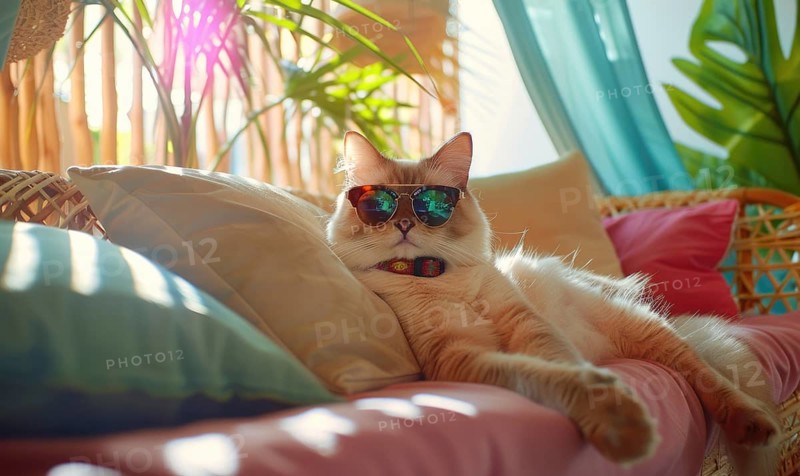A relaxed cat with sunglasses lounging on pillows among indoor plants AI generated