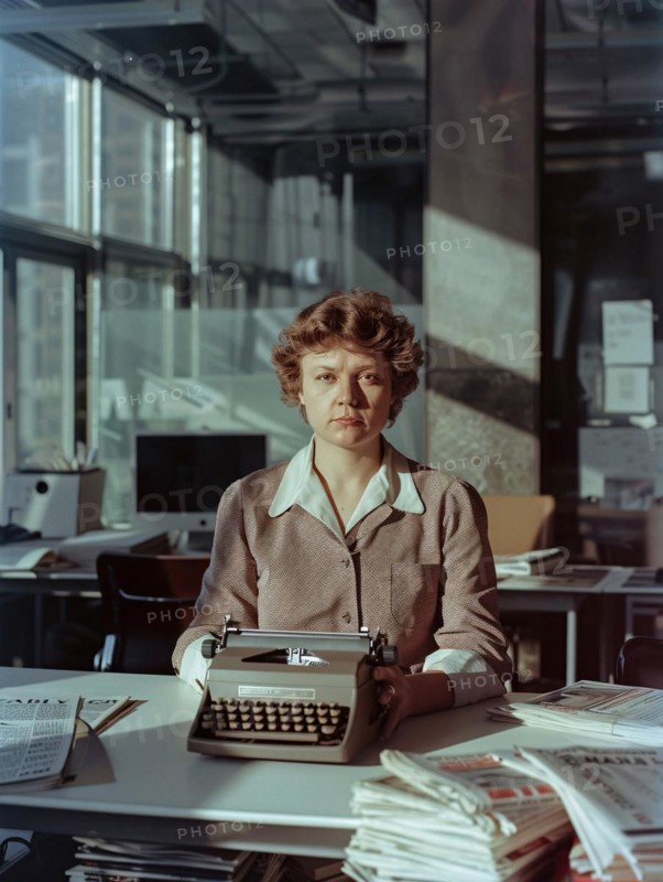 Woman working on a vintage typewriter in a sunlit retro office, AI generated