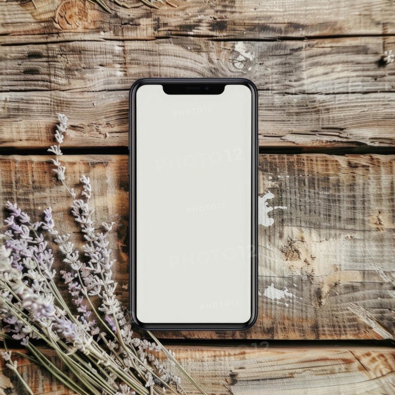 Smartphone mockup with a blank screen on a rustic wooden table background AI generated