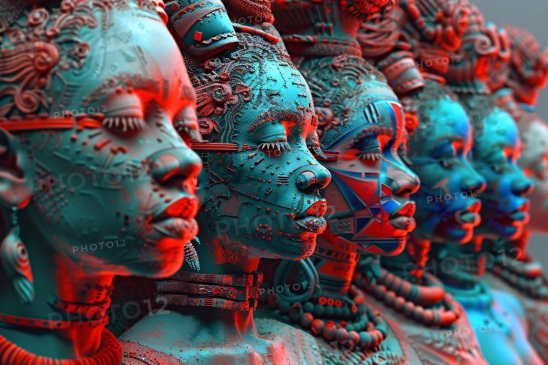 Anaglyph 3D image of cultural sculptures with red and cyan overlay creating a depth effect, illustration, AI generated