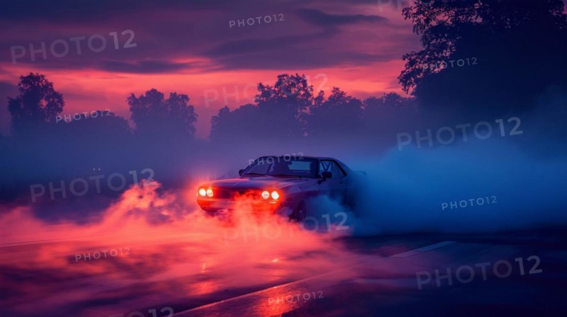 Classic american muscle car drifting on a road at late sunset almost night, surrounded by smoke and purple hues, AI generated