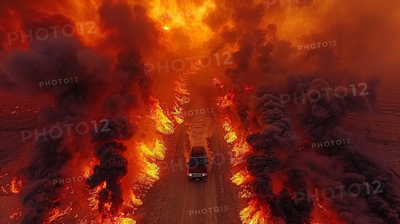 An SUV speeds down a road engulfed by flames and smoke from a forest fire, drone aerial view, AI generated