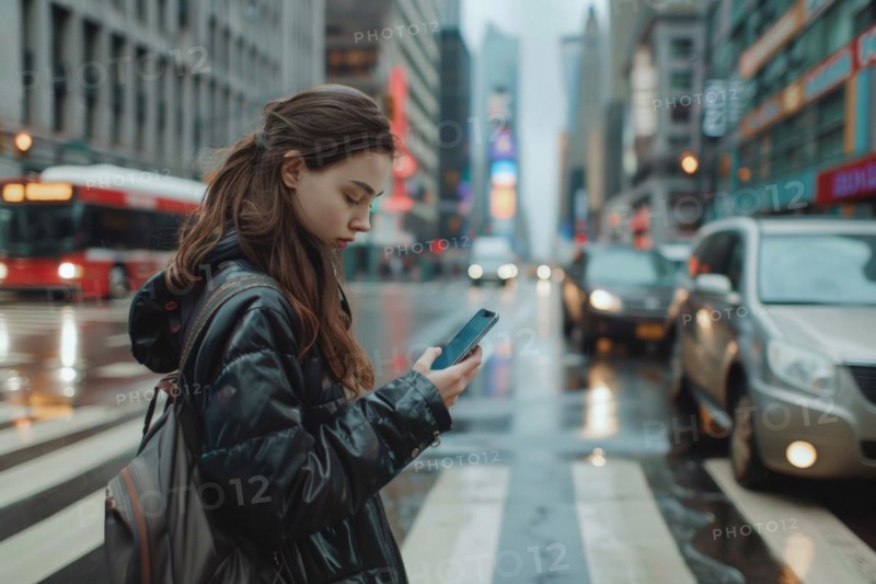 Schoolgirl looking at her smartphone on a busy street in a city, symbolic image for accident risk due to media distraction in road traffic, AI generated, AI generated, AI generated