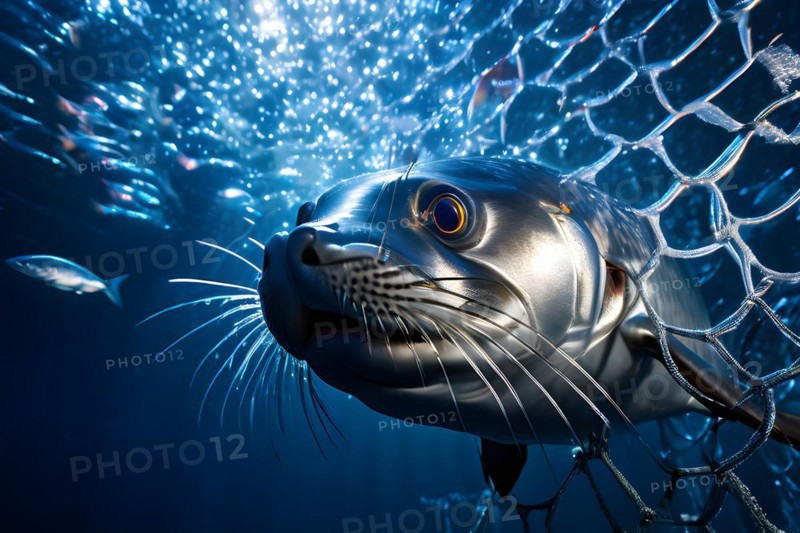 Seal captured in a gleaming silver fisher net as bycatch, AI generated