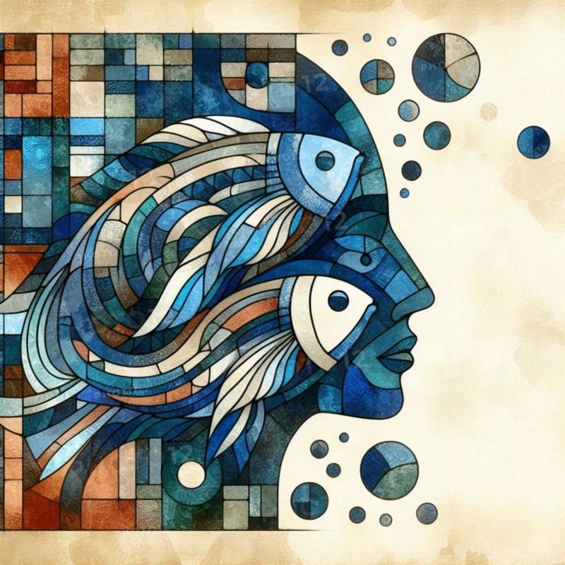 Geometric mosaic depicting abstract fish in tranquil blue tones, square aspect, AI generated