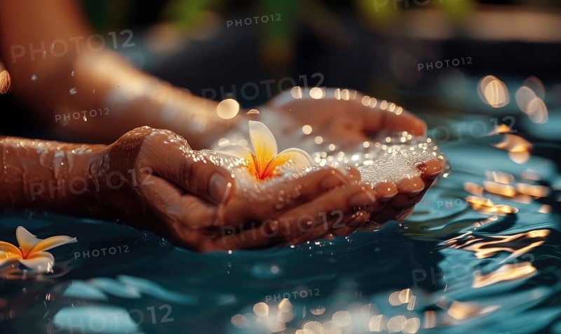 Hands gently holding water with plumeria flowers floating, reflecting lights creating a serene atmosphere AI generated