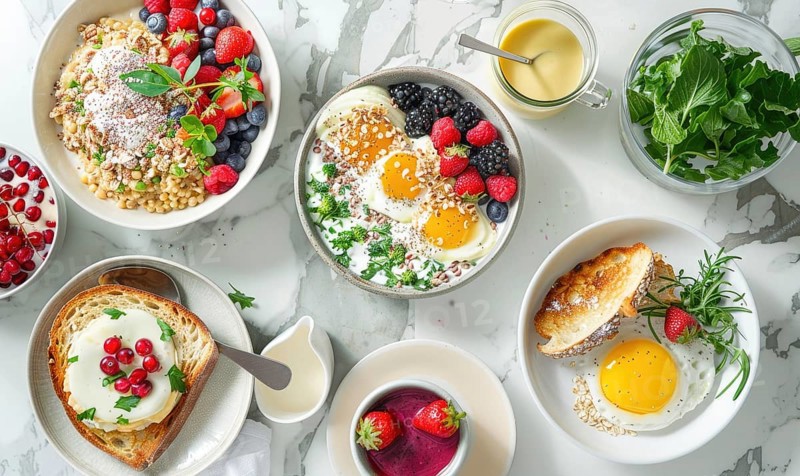 A varied breakfast layout with eggs, fruits, bread, and oatmeal AI generated