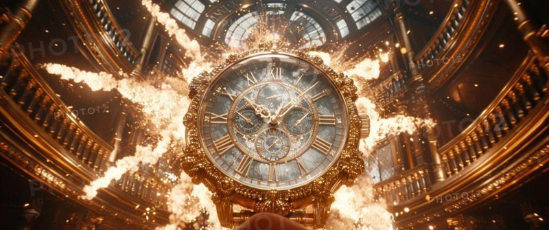 Luxurious grand clock surrounded by flames highlighting opulent architecture, AI generated