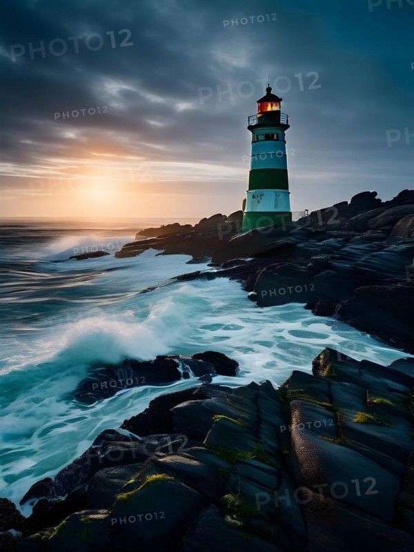 Lighthouse nestled against a vast ocean with waves rhythmically crashed onto the rocky shoreline, AI generated