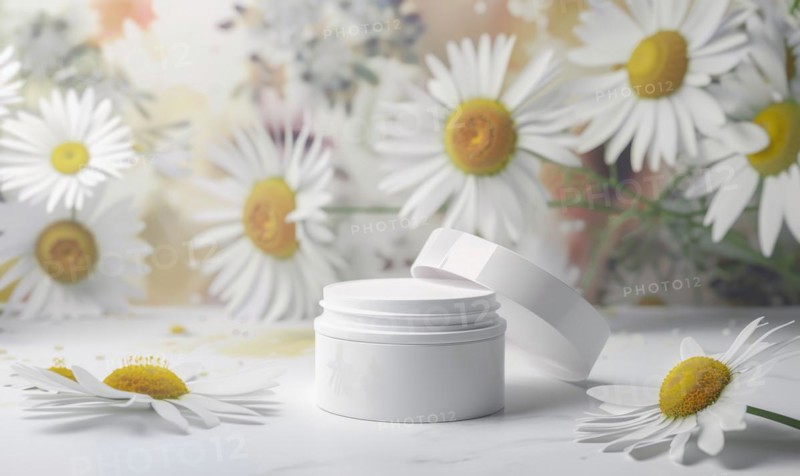 Cosmetic jar blank mockup placed on a serene watercolor chamomile background AI generated