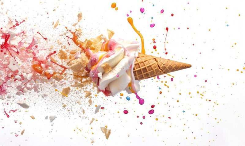 Ice cream cone explosion on white background AI generated