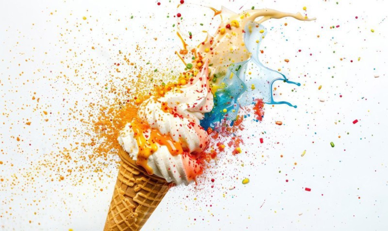 Ice cream cone explosion on white background AI generated