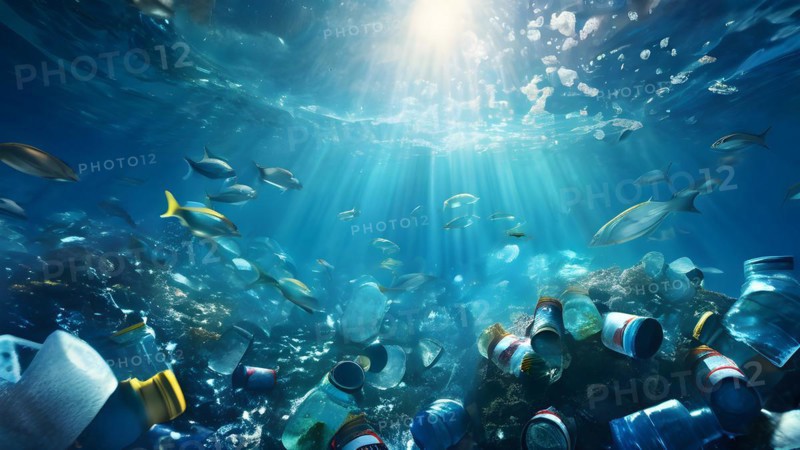 Turbulent ocean waves composed of an amalgamation of plastic waste bottles bags and fragments, AI generated