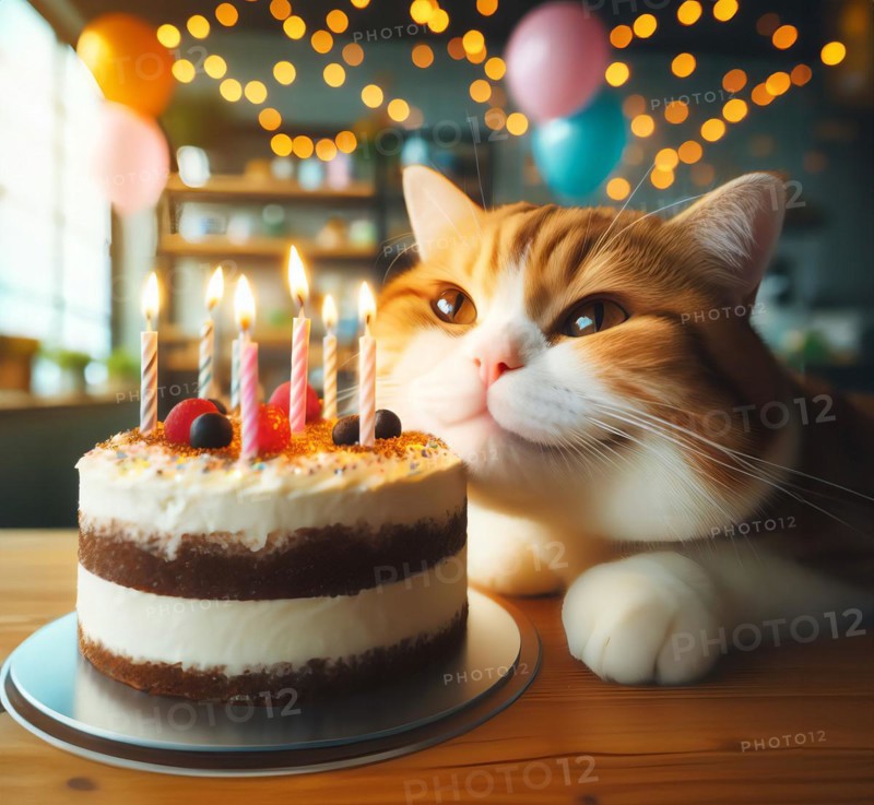 A cat congratulates you on your birthday with a birthday cake with candles, KI generiert, AI generated