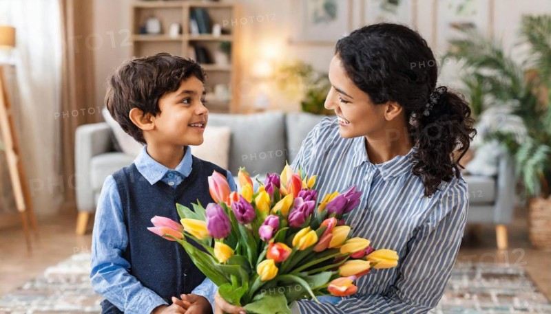 A woman and a boy smile at each other, the boy holds a bouquet of colourful tulips, AI generated, AI generated