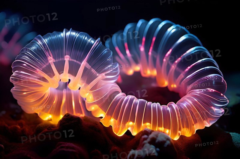 Bristle worms bioluminescent bodies floating in deep ocean, AI generated, deep sea, fish, squid, bioluminescent, glowing, light, water, ocean