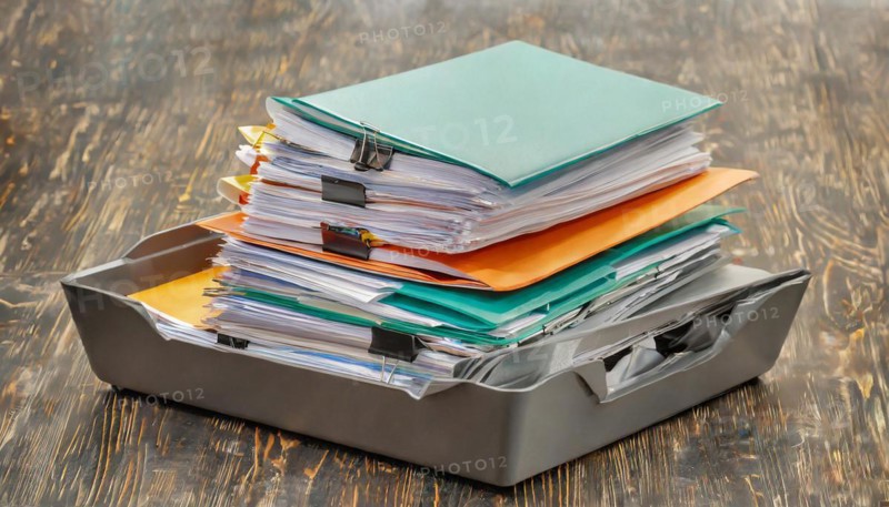 An open metal box with folders and stacks of paper on a table with a wooden pattern, symbol bureaucracy, AI generated, AI generated