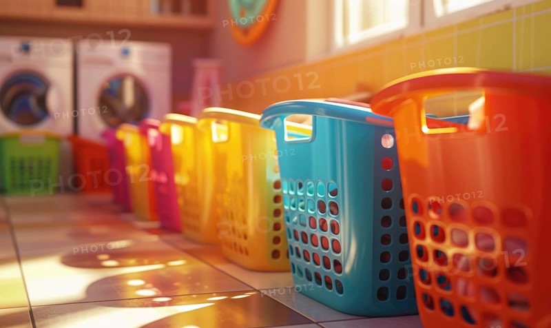 Colorful laundry baskets on the floor AI generated
