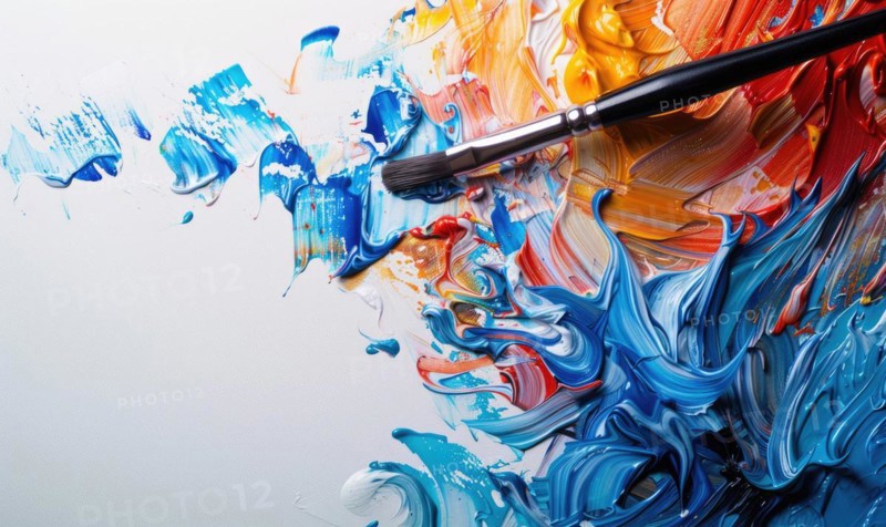 Closeup view of painting brush and paint texture on white canvas. Artistic abstract background AI generated