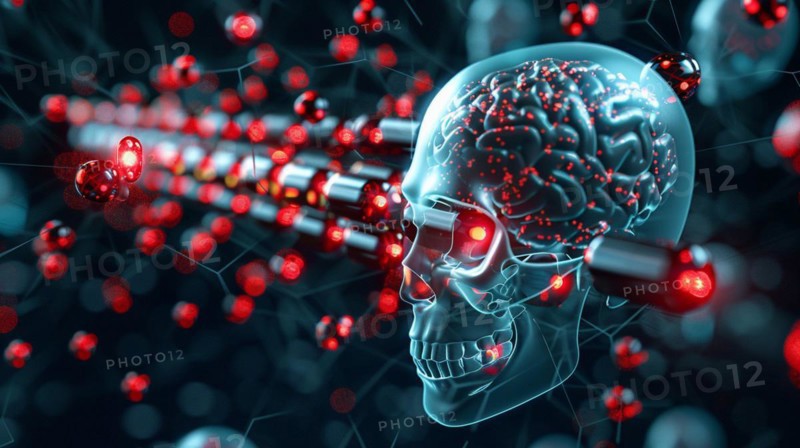 Futuristic representation of a human skull with a neural network and glowing red eyes, AI generated