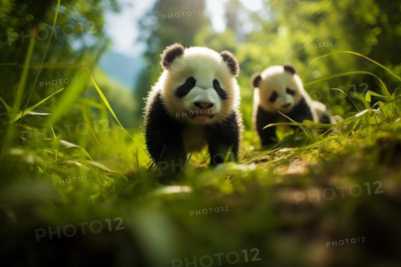 Cute panda cubs in a lush bamboo grove, The image showcases the beauty and serenity of nature and wildlife. Endangered species, AI generated