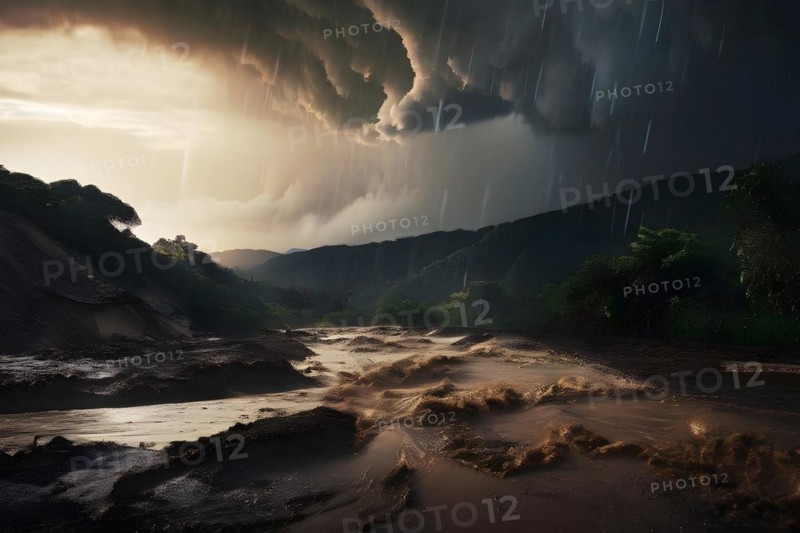Heavy rainfall pouring on an already saturated ground leading to mudslides captured in a stormy twilight, AI generated