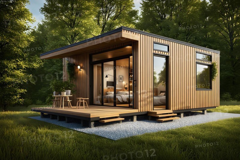 Eco friendly tiny house located centrally embraced by natures tranquility, AI generated