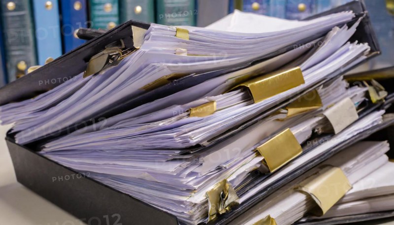 Detailed view of a pile of files and folders with paper clips, Bureaucracy icon, AI generated, AI generated