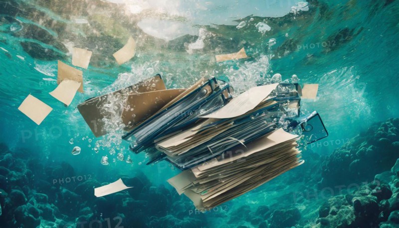 Paper clips and documents swirl around under the surface of the sea, symbolising bureaucracy, AI generated, AI generated