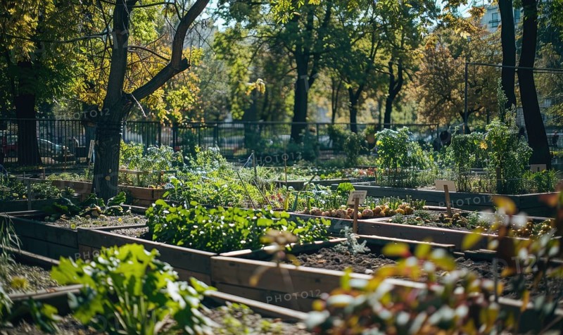 Community garden with raised beds brimming with various plants in an urban setting AI generated