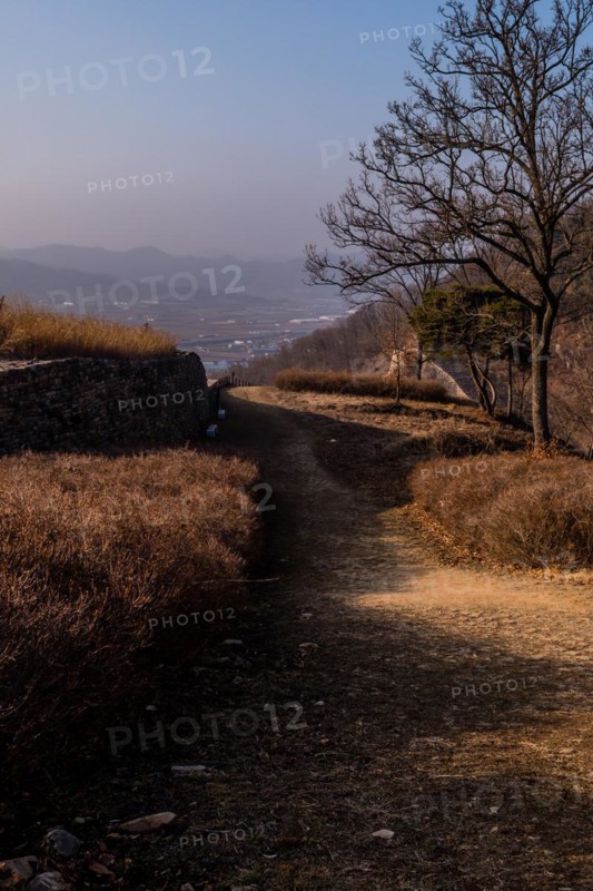 Hiking trail shaded by section of mountain fortress wall in Boeun, South Korea, Asia