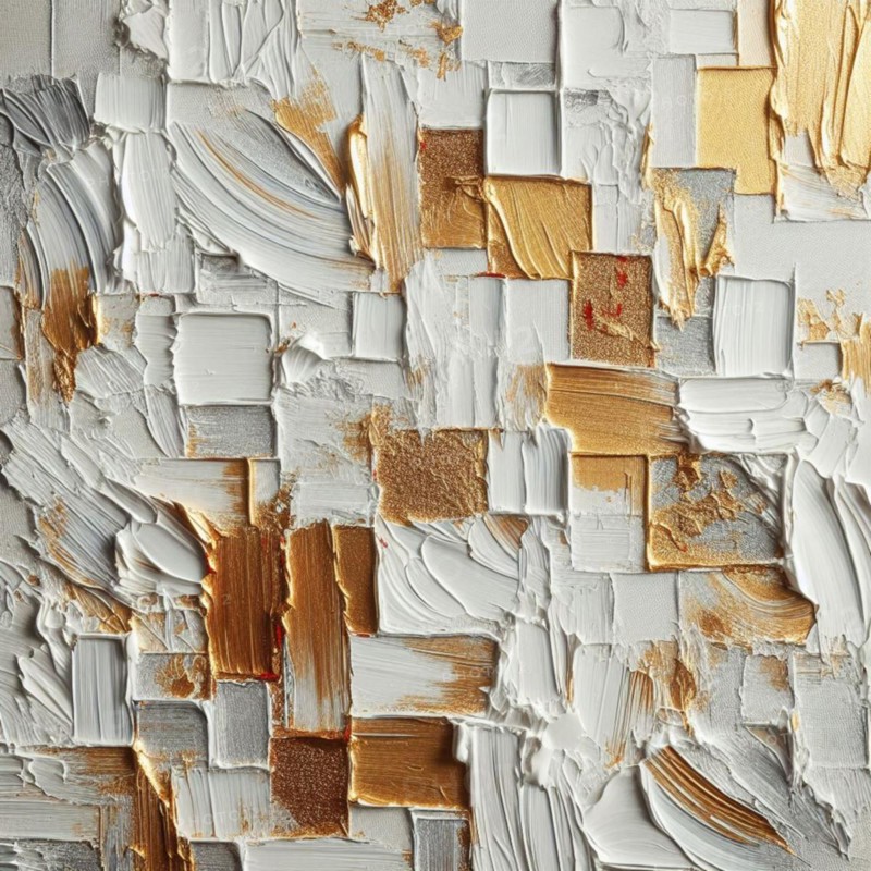Abstract textured art with white and gold brush strokes and a red dot, AI generated