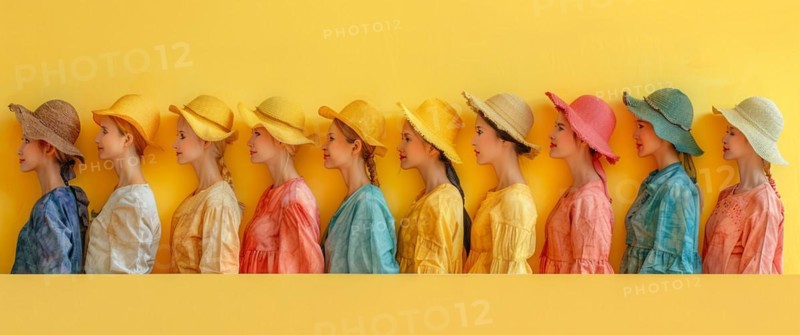 A lineup of women in profile view wearing colorful hats against a yellow background, banner 3:1 wide style, horizontal aspect ratio, AI generated