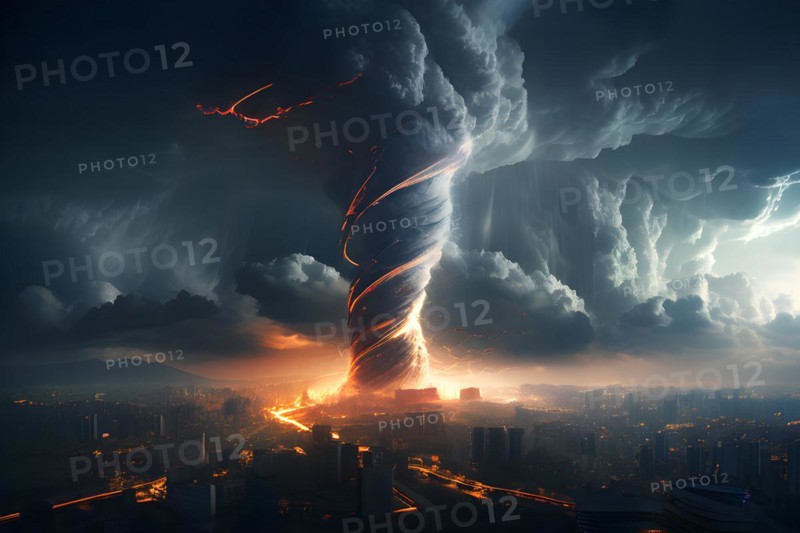 3d render abstract particles converging into a tornado to represent severe weather phenomena over a city, AI generated