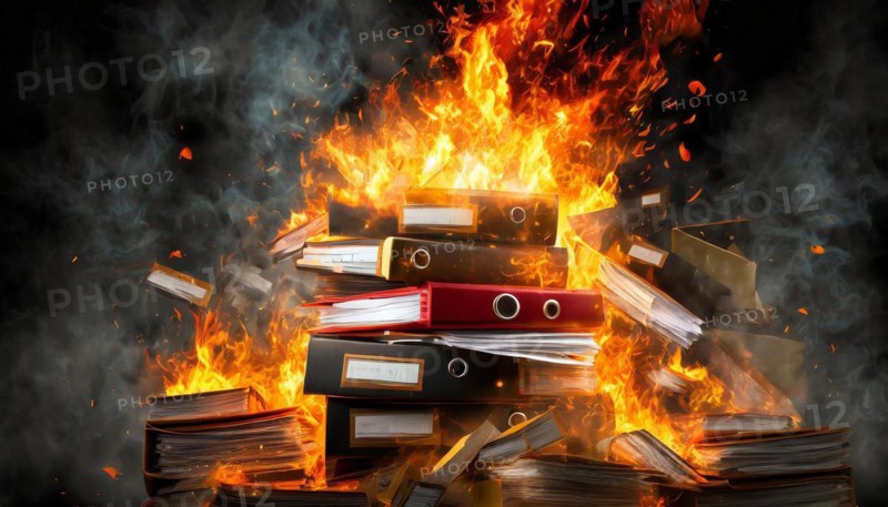 Burning folders with rising smoke on a dark background, symbol bureaucracy, AI generated, AI generated