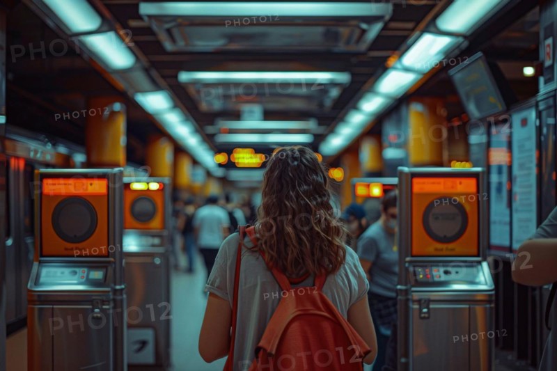 Commuter at a subway station turnstile with warm orange lighting, capturing city movement, AI generated