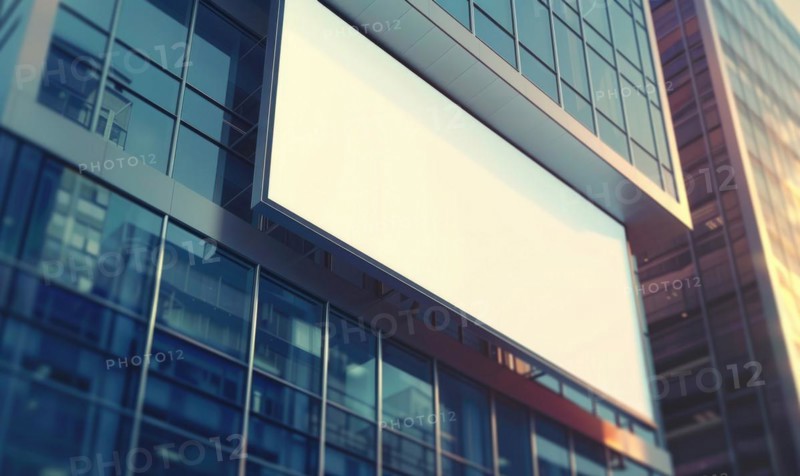 Blank screen banner mockup displayed on the modern building facade. Close Up view AI generated