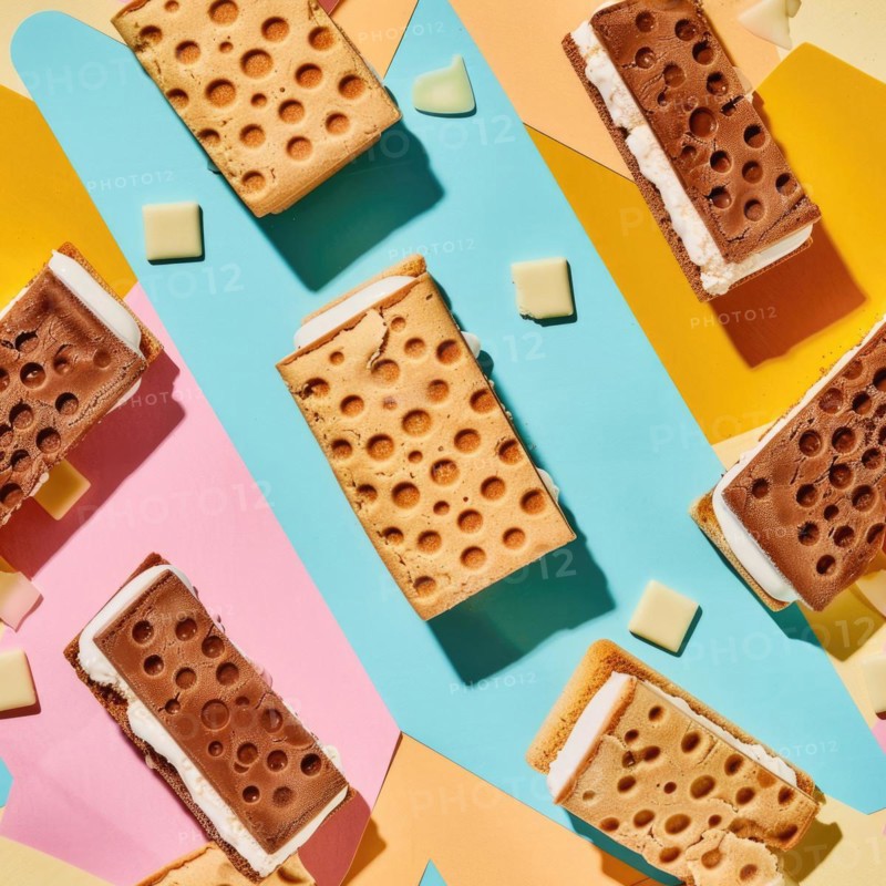 Flat lay pattern ice cream sandwiches and ice cream bars on a colorful background AI generated
