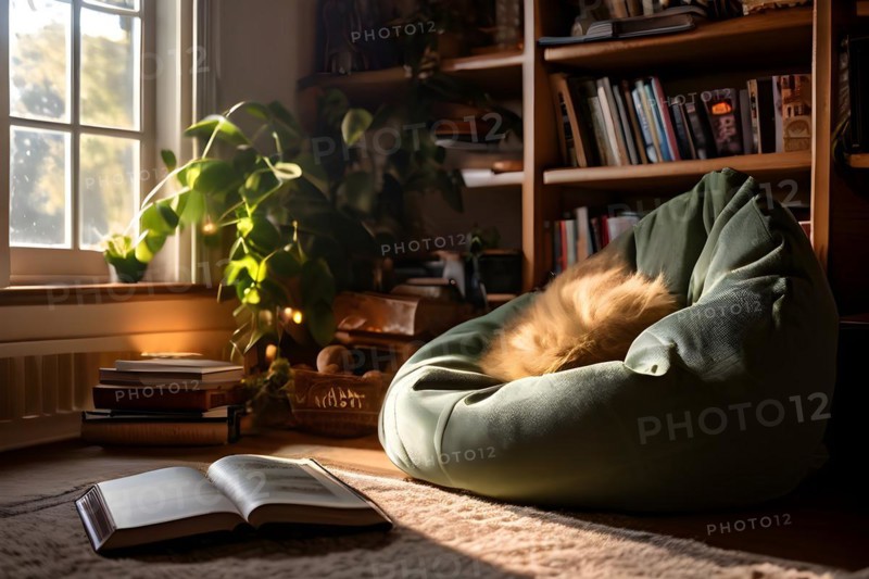 Bean bag chair nestled in a cozy reading corner, AI generated
