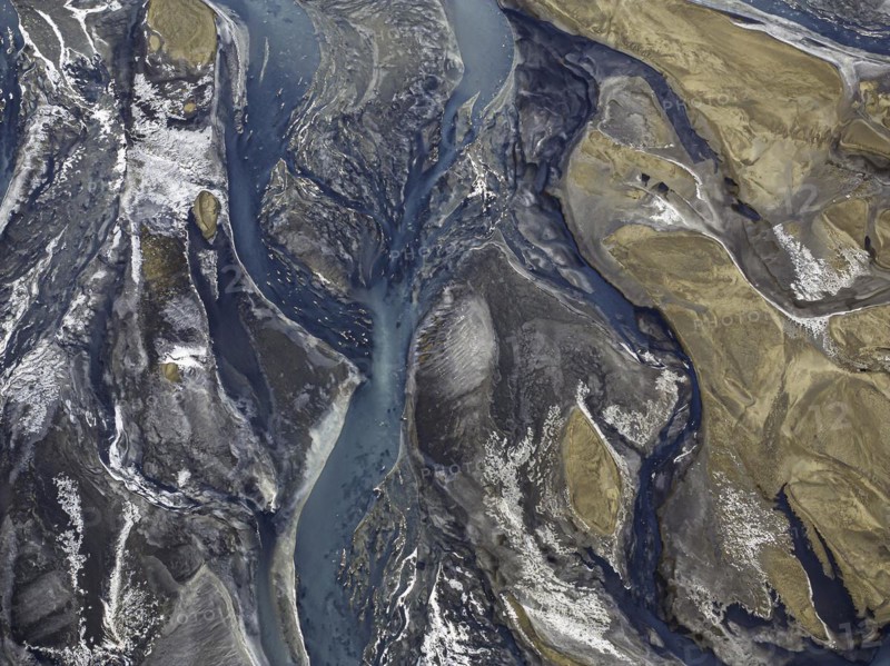 Overgrown river landscape, Eldhraun, near Kirkjubaejarklaustur, drone image, Sudurland, Iceland, Europe
