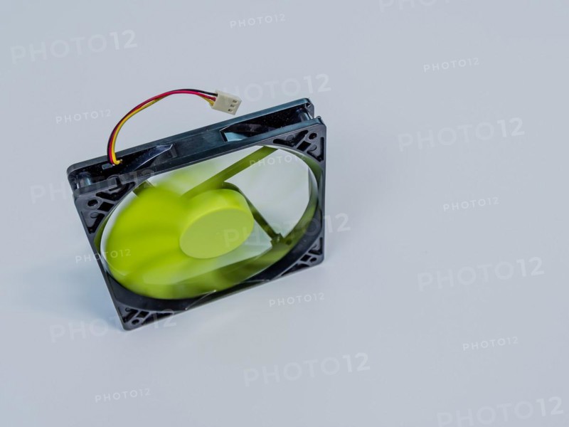 Green 120mm computer case fan with black frame and 3 prong pin power connection