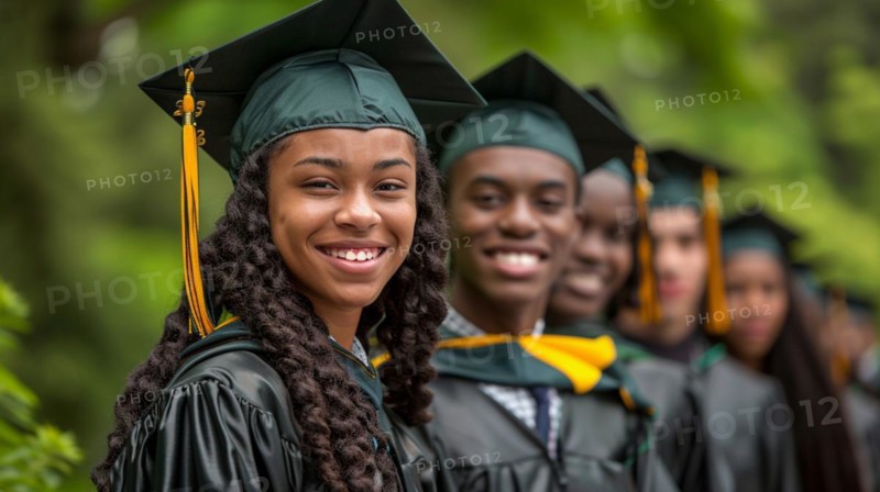 Smiling girl in green cap and gown with tassel, outdoors at a graduation ceremony, blurry background with bokeh effect, AI generated