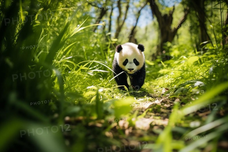 Cute panda cub in a lush bamboo grove, The image showcases the beauty and serenity of nature and wildlife. Endangered species, AI generated