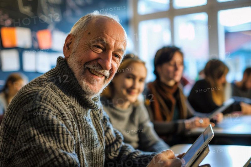 A man of advanced age, senior citizen, sitting with a digital tablet in a course room, training room, symbol image, digital teaching, learning environment, adult education centre, course, training course, learning in old age, media skills in old age, eLearning, media education, AI generated, AI generated, AI generated