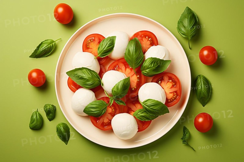 Top view of plate with mozarella cheese, basil and tomatoes. KI generiert, generiert, AI generated