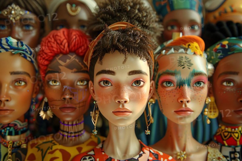 Close-up of diverse dolls representing different cultures, adorned with detailed fashion accessories, illustration, AI generated