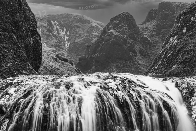 Stjornarfoss waterfall, near Kirkjubaejarklaustur, black and white photo, Sudurland, Iceland, Europe