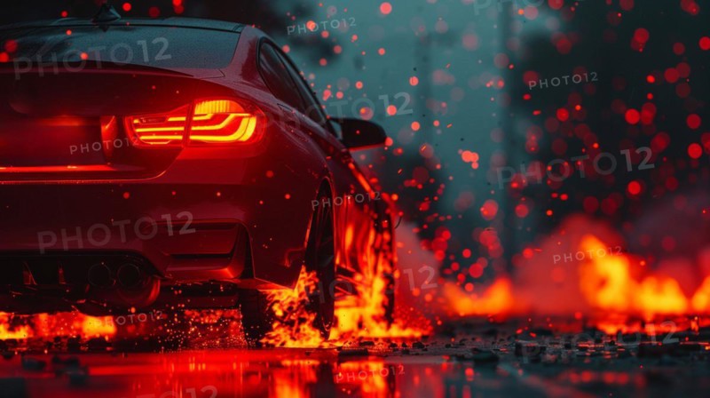 Dynamic image of a red car speeding and splashing water on the road, blurry background, bokeh effect, AI generated